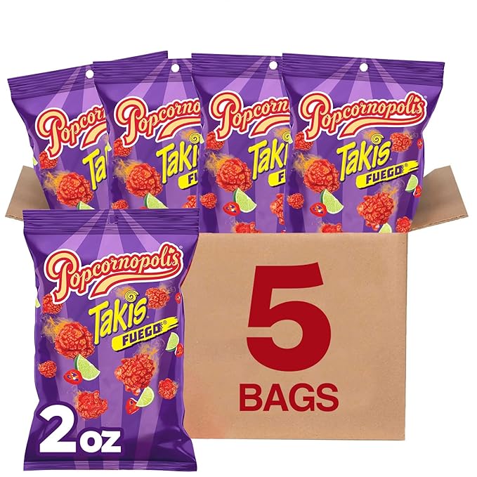 Popcornopolis Fuego Takis 5 ct, 2 oz Case, Hot Chili Pepper & Lime Flavored Extreme Savory Popcorn