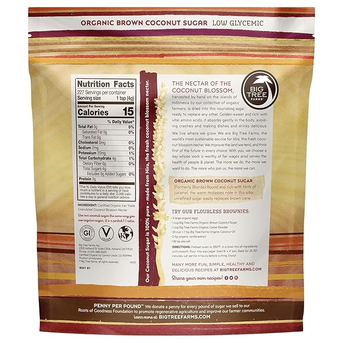 Big Tree Farms Organic Brown Coconut Sugar - Coconut Palm Sugar, Unrefined, Fine Crystals, Cane