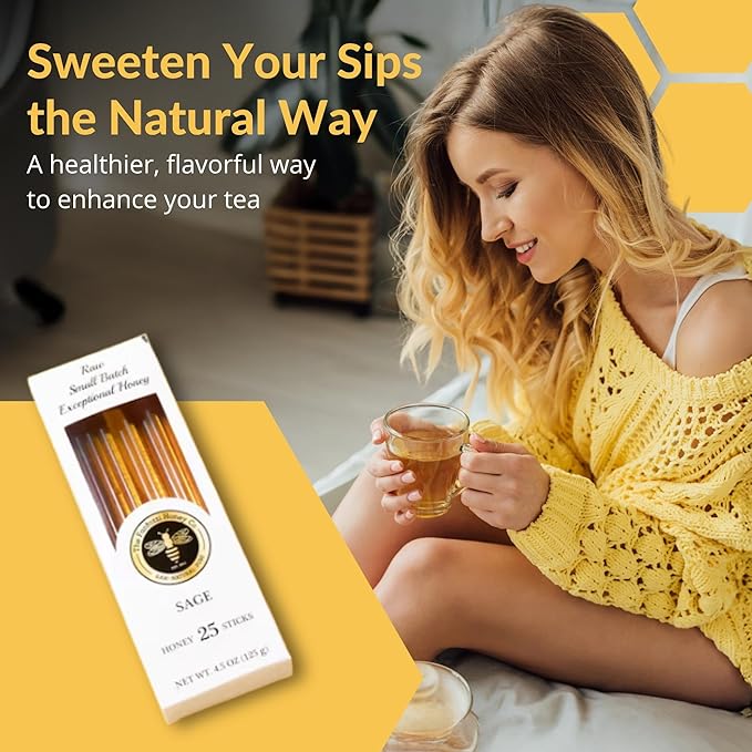 Sage Honey Straws, 25 Count - Raw Honey Sticks for Tea and Coffee - Perfect for Hot Beverages