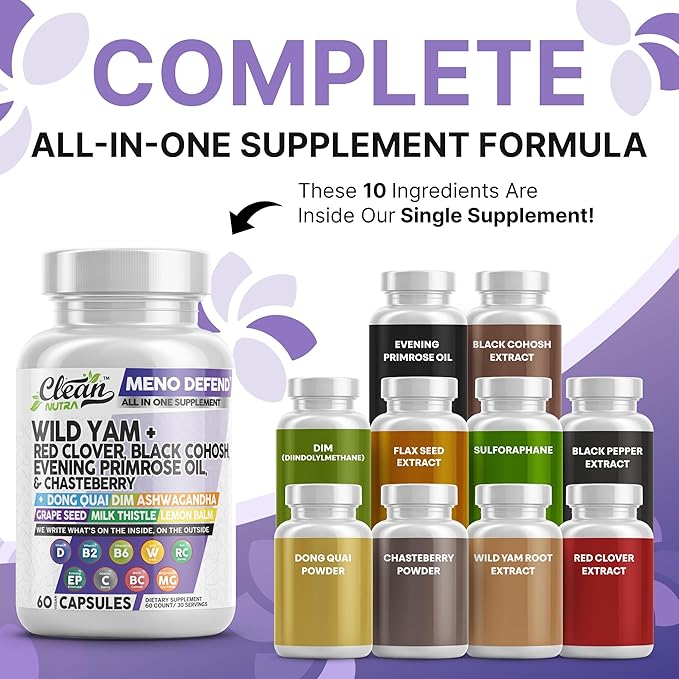 Clean Nutra Wild Yam Root Capsules with Red Clover Black Cohosh Evening Primrose Oil Chasteberry