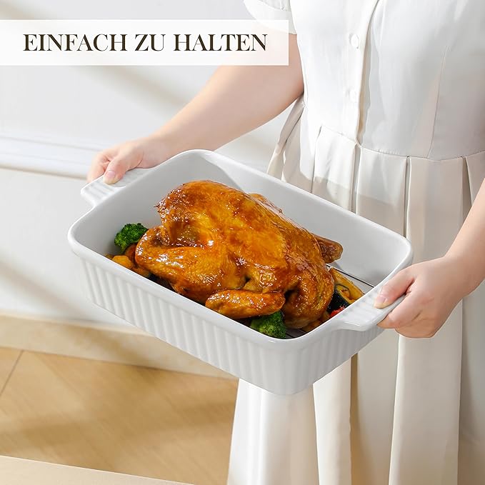MALACASA 4.4 QT Baking Dish with Rack, 9x13 Large Casserole Dish for Oven, Ceramic Baking Pan with