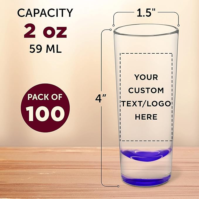 Custom Cordial Shooter Shot Glasses 2 oz. Set of 100, Personalized Bulk Pack - Great for Birthdays
