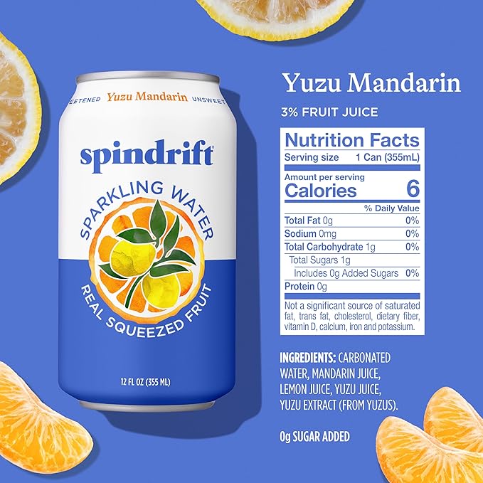 Spindrift Sparkling Water, Yuzu Mandarin Flavored, Made with Real Squeezed Fruit, 12 Fl OZ Cans