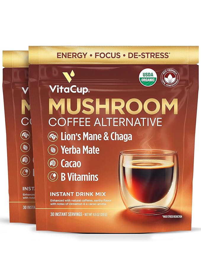 VitaCup Mushroom Coffee Alternative Instant Drink Mix | Mushroom Coffee Substitute for Natural