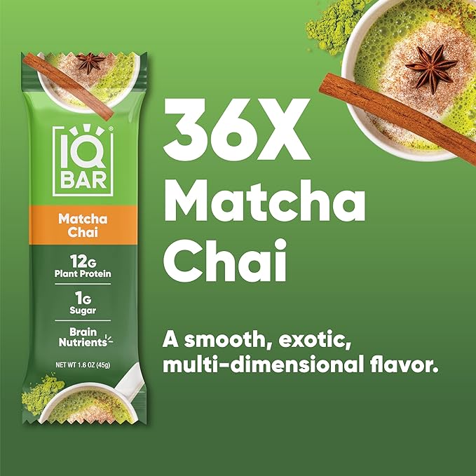 IQBAR Brain and Body Plant Protein Bars - Matcha Chai - 36-Count Low Carb - Gluten Free, High
