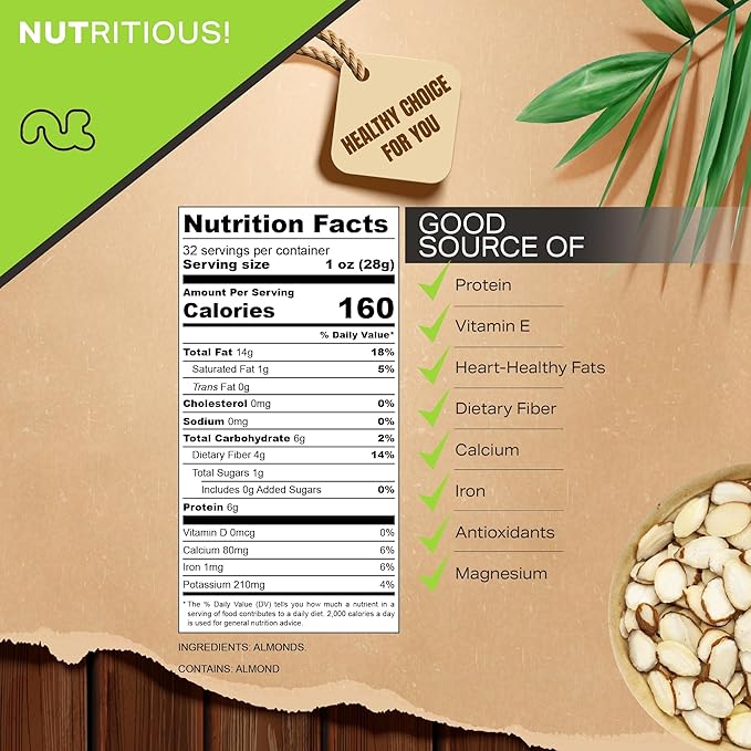 NUT CRAVINGS - Natural Sliced Almonds - Raw, (32oz - 2 LB) Packed Fresh in Resealable Bag - Nut