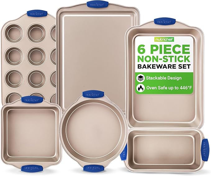 NutriChef 6-Piece Nonstick Bakeware Set - Premium Carbon Steel Baking Trays w/Heat-Safe Silicone