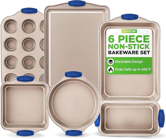 NutriChef 6-Piece Nonstick Bakeware Set - Premium Carbon Steel Baking Trays w/Heat-Safe Silicone