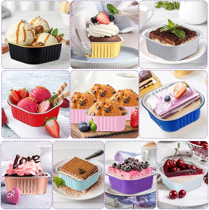 Aoriher 300 Pieces 10 oz Mini Cake Pans with Lids, Aluminum Foil Baking Cups, Square Disposable