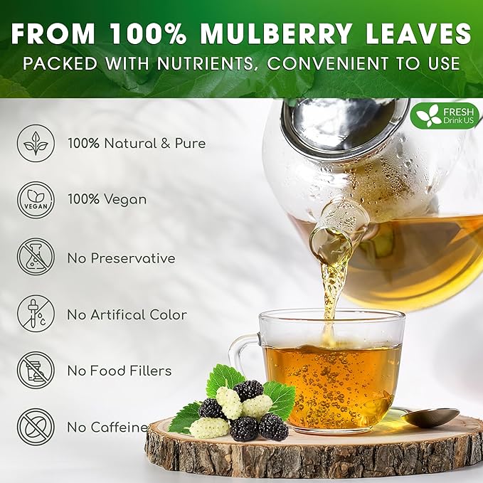 FreshDrinkUS Premium Mulberry Leaf Tea - 50 Bags, 100% Natural & Pure. Loose Leaf Herbal Tea.