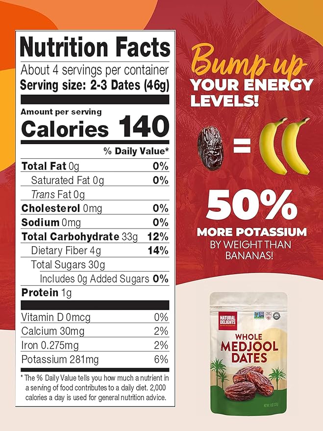 Natural Delights Medjool Dates Whole - Non-GMO Verified Fruit, Good Source of Fiber & Potassium