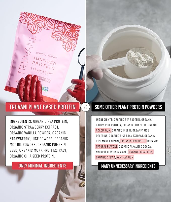 Truvani Vegan Pea Protein Powder | Strawberry | 20g Organic Plant Based Protein | 10 Servings |