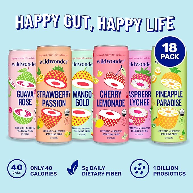 wildwonder Sparkling Probiotic Juice Drink 18pk, w/Gut Health & Immunity Support, 5g Prebiotic