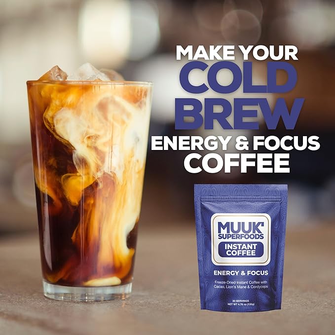 MUUK' SUPERFOODS | Energy & Focus Mushroom Coffee | Organic Freeze-Dried Instant Coffee with Cacao