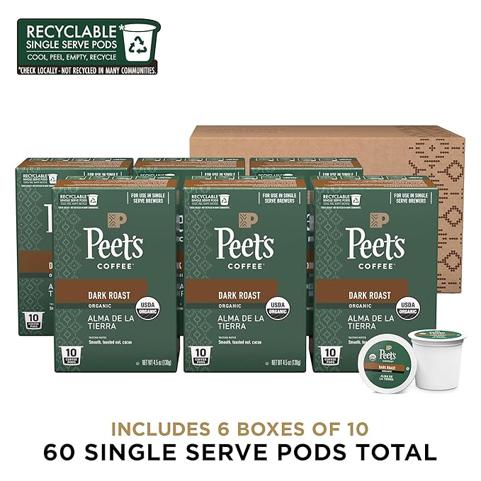 Peet's Coffee, USDA Organic Dark Roast Single Serve Coffee Pods - Alma de la Tierra 60 Count (6
