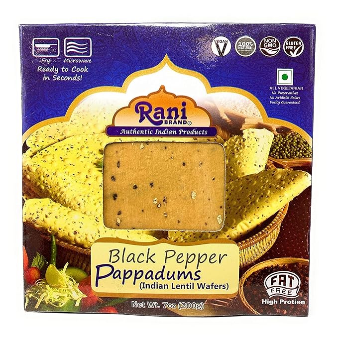 Rani Pappadums (Indian Lentil Wafer Snack) Black Pepper Papad 7oz (200g) Approximately 15pc, 7