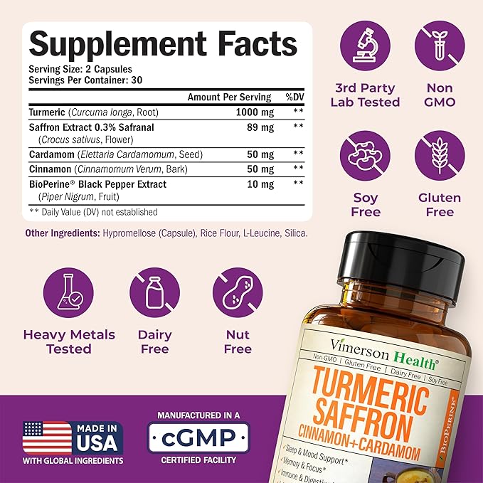 Saffron Supplements - 89mg Saffron Extract Turmeric Supplement with Black Pepper, Ceylon Cinnamon
