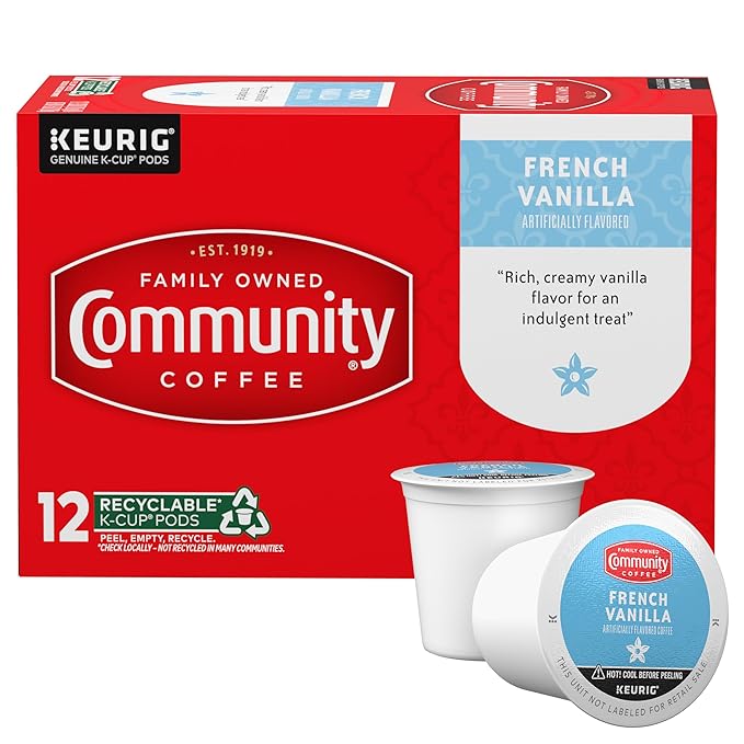 Community Coffee French Vanilla Flavored 12 Count Coffee Pods, Medium Roast, Compatible with Keurig