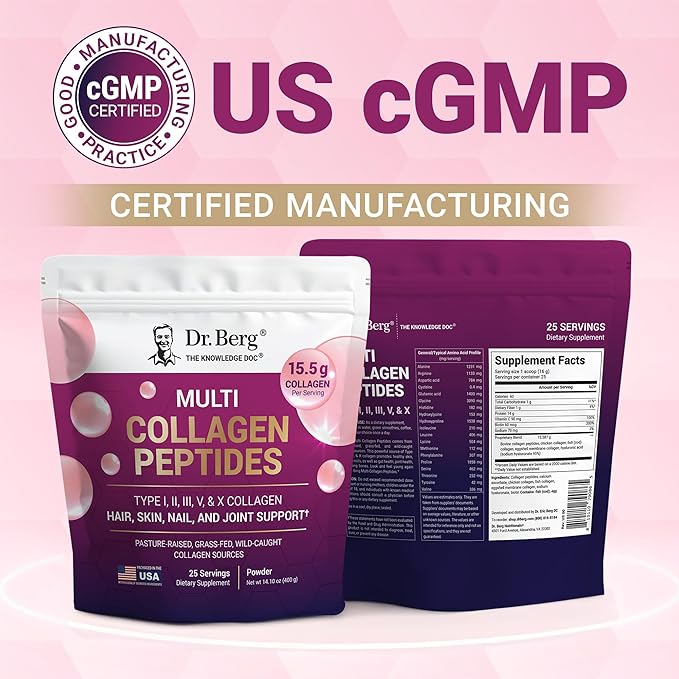 Dr. Berg Multi Collagen Peptides Powder Types I, II, III, V, X - Unflavored Collagen Powder w/ 14 g