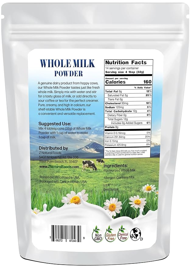 Z Natural Foods Premium Whole Milk Powder - Powdered Milk for Baking, Cooking, Drinks - Dry Milk