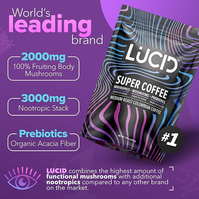 Lucid Superfood Organic Mushroom Coffee with Nootropics - Lion's Mane, Tremella, Cordyceps & Turkey