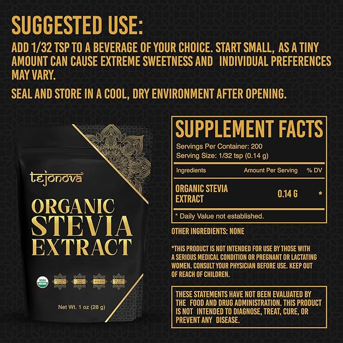 tejonova Organic Stevia Powder, 1oz, Stevia Sweetener, Stevia Organic from Stevia Leaf, Stevia