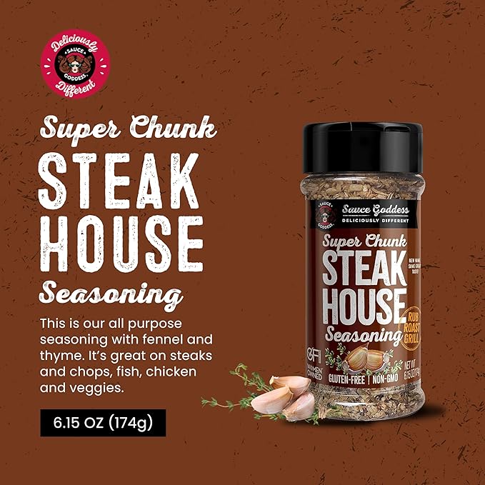 Sauce Goddess - Super Chunk Steakhouse Spice Shaker - Steak Seasoning, BBQ Rub for Chops, Chicken &