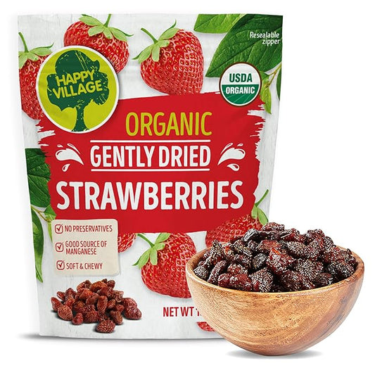 Happy Village Organic Whole Dried Strawberries, 18 OZ Resealable Pack- Soft & Juicy, Kosher