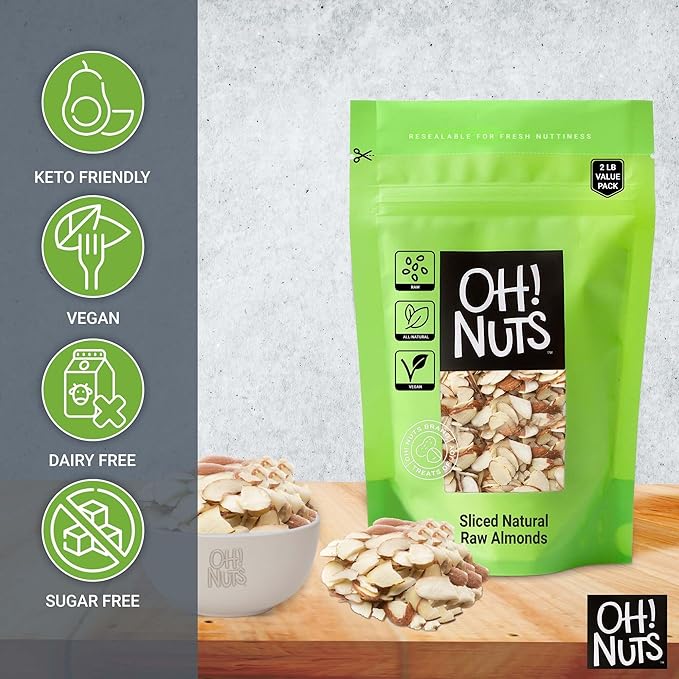 Oh! Nuts Almonds Natural Sliced - Raw - 100% Natural - 2 lb - High-Protein Almond Slices - Packed