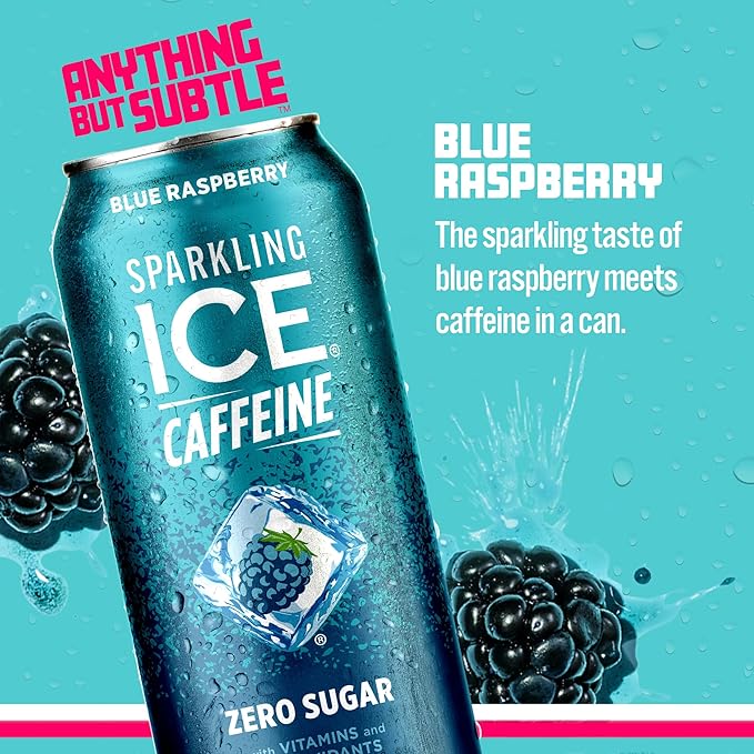 Sparkling Ice Caffeine Blue Raspberry Sparkling Water with Caffeine, Zero Sugar, with Antioxidants