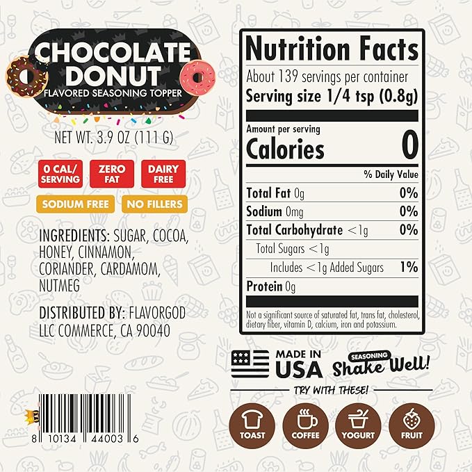 Chocolate Donut Topper Seasoning Mix, 2 Bottles by Flavor God - Premium All Natural & Healthy Spice