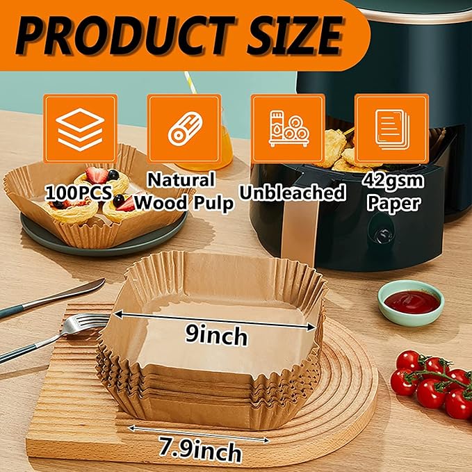 Air Fryer Disposable Paper Liners Square, 9 Inch Air Fryer Liner, Non-stick Parchment Paper Pads