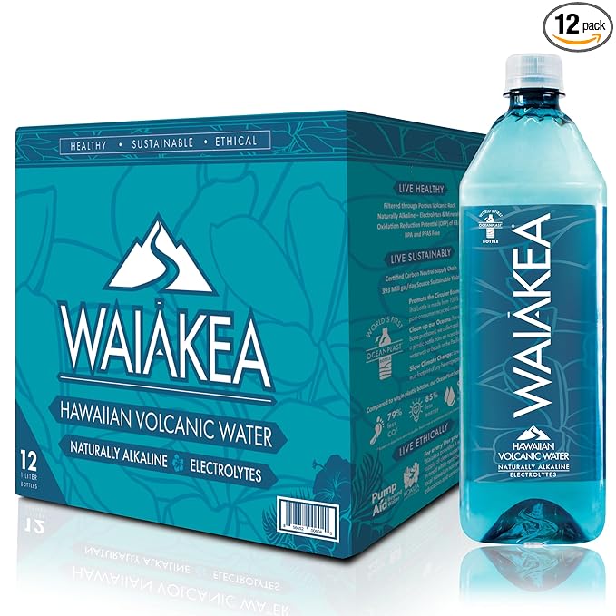 Waiakea Hawaiian Volcanic Water, Naturally Alkaline, 100% Recycled Bottle, 1L (Pack of 12), 33.8 Fl
