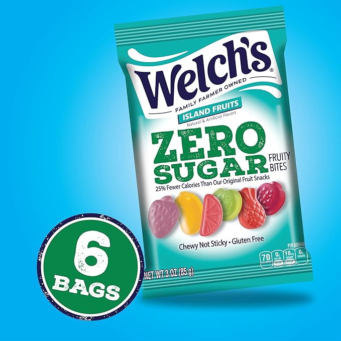 Welch's Zero Sugar Fruity Bites, Island Fruits Snack Box, Gluten Free & Sugar Free Snacks, 3oz