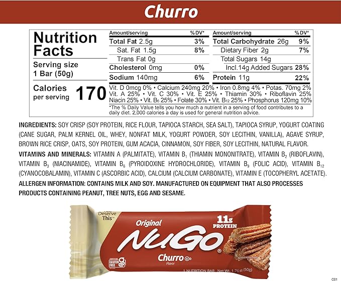 NuGo Original Variety, Vanilla Yogurt 15 bars & NEW! Churro 15 bars, 11g Protein, Gluten Free, 30
