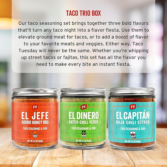 PS Seasoning Taco Box ??El Jefe, El Dinero, El Capitan - Complete Taco Tuesday Seasoning Kit & BBQ