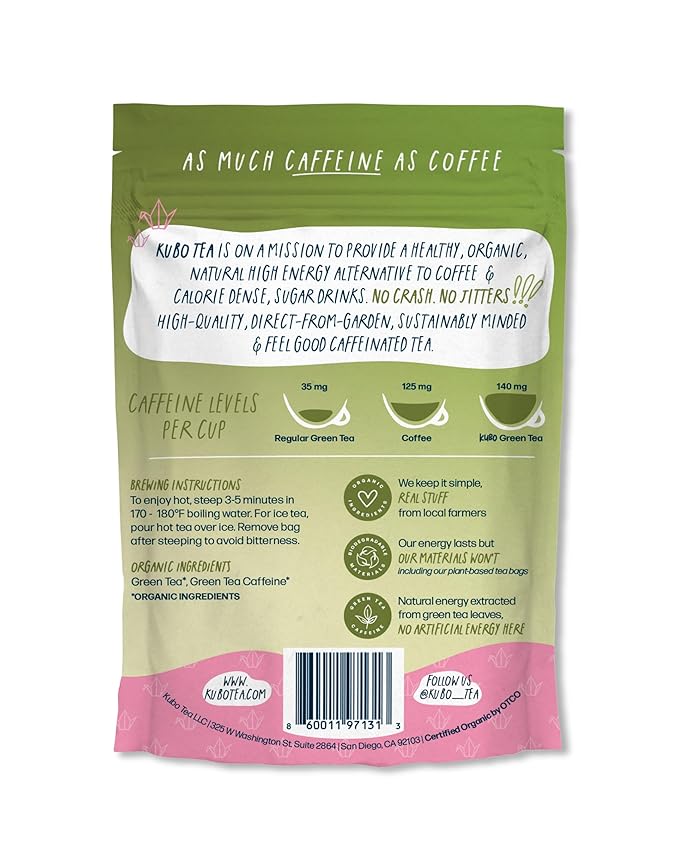 Kubo Tea Japanese Sencha Matcha Tea - Organic High Caffeine Energy Blend w/ Matcha Powder - 20