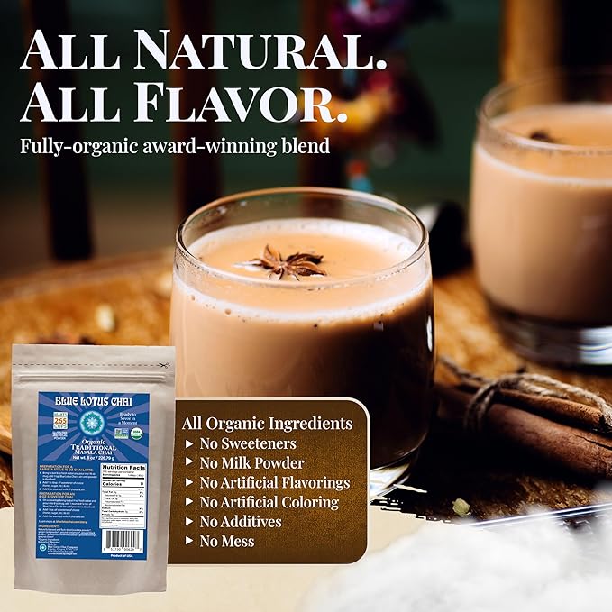 Blue Lotus Chai – Fully Organic Traditional Masala Chai - Makes 265 Cups – Just Add Hot Water, No