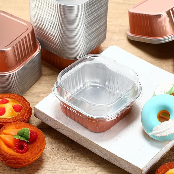 Aoriher 150 Pieces 10 oz Mini Cake Pans with Lids Aluminum Foil Baking Cups Square Disposable 4" x