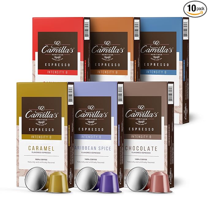 Camilla’s Heritage - Intensity 8 Flavored Espresso Coffee Variety Pack (Caribbean Spice, Cinnamon