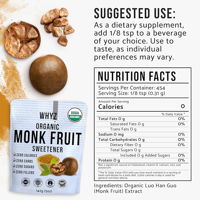 Organic Monk Fruit Extract, 5 oz, Pure Monk Fruit Sweetener Organic No Erythrytol and Zero Calorie