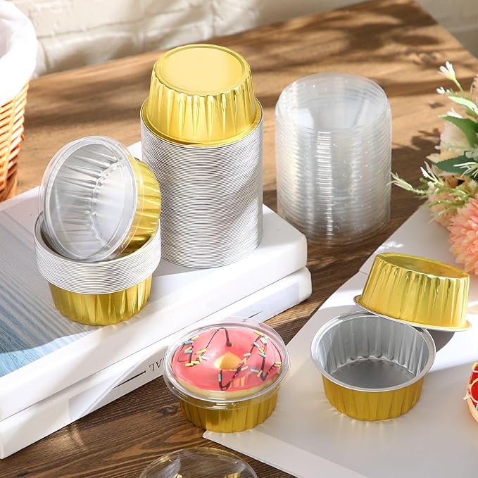Gejoy 400 Pcs Aluminum Foil Baking Cups with Lids 5 oz Disposable Ramekins Mini Cake Pans Creme