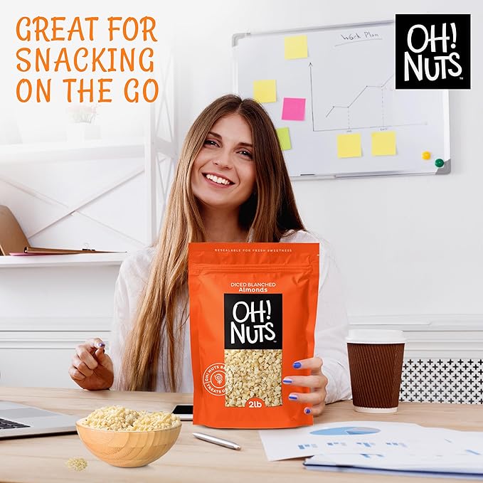Oh! Nuts Almonds Diced Blanched - Raw - 100% Natural - 2 lb - High-Protein Diced Almonds - Packed