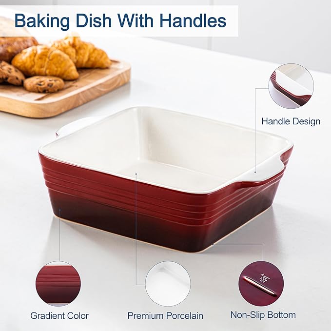 LOVECASA 8x8 inch Baking Pan, 2 Quart Square Cake Pan Baking Dish for Oven, Stoneware Brownie Pan