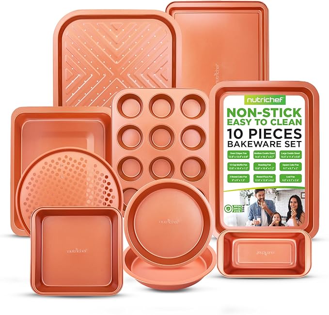 NutriChef 10-Piece Kitchen Oven Baking Pans - Deluxe Carbon Steel Bakeware Set with Stylish