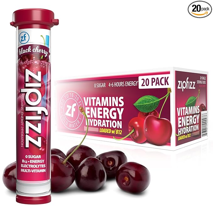 Zipfizz Daily Energy Drink Powder, Black Cherry, 20 Pack | 3-in-1 Sustained Energy, Rapid