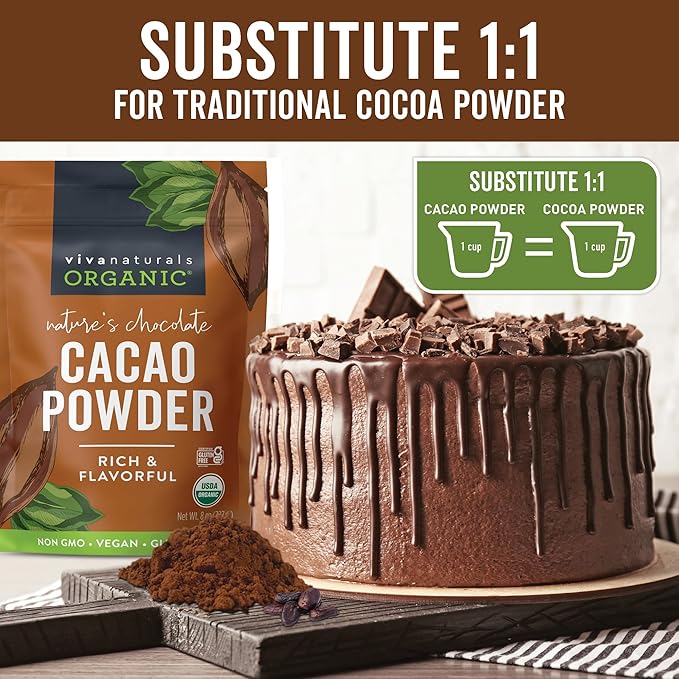 Viva Naturals Organic Cacao Powder, 8 oz - Unsweetened Cocoa Powder With Rich Dark Chocolate