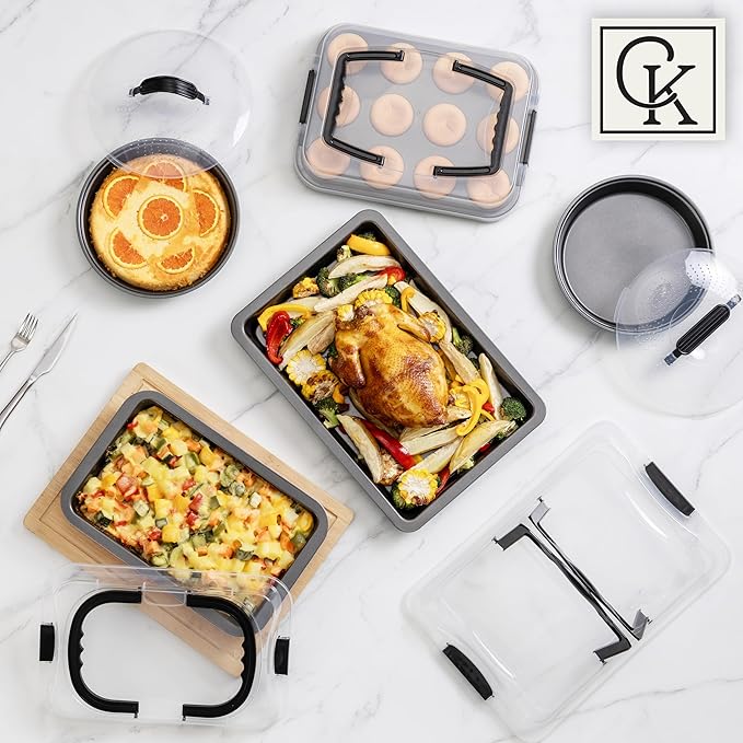 Country Kitchen Baking Pans Set - 10 Piece Non-Stick Cake Pans with Carry Lids for Easy Storage &