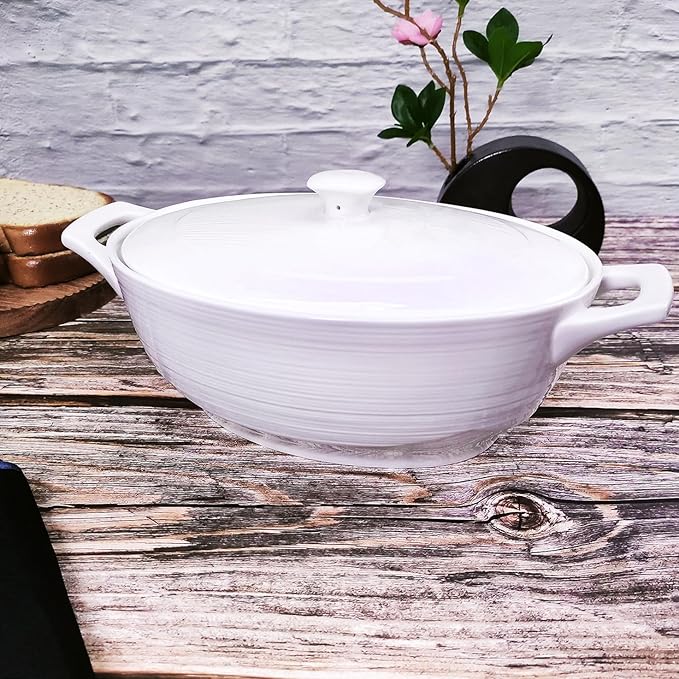 9" x 6.5" Oval Casserole Dish with Lids,1.9 Quart French White Ceramic Serving Soup Tureens, Baking