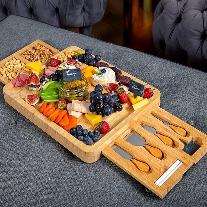 RoyalHouse Unique Bamboo Cheese Board and Knife Set with 2 Slide-Out Cutlery Drawers - Charcuterie